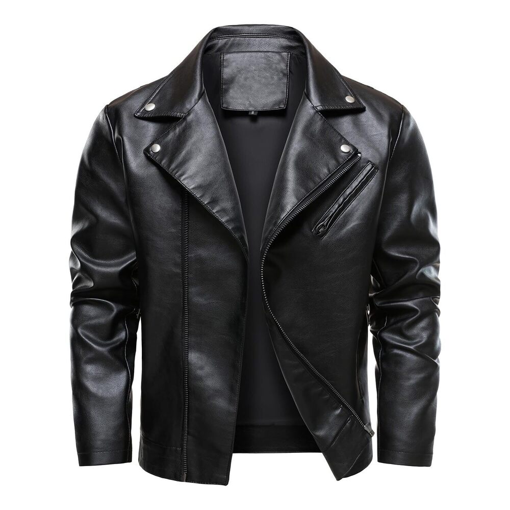 Men’s Faux Leather Jacket Cool Motorcycle Lapel Biker Jackets Zip Up